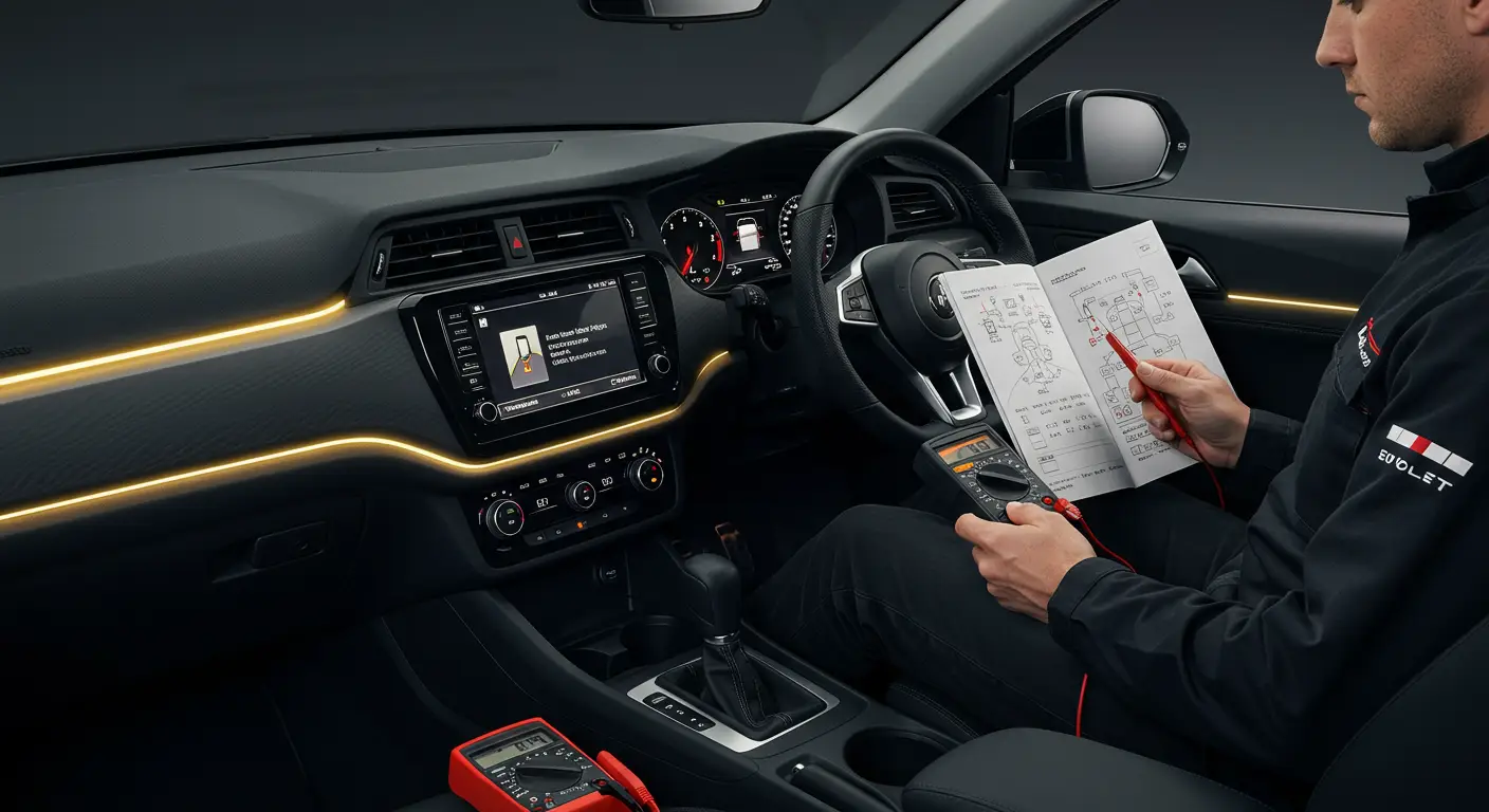 Fotografija prikazuje unutrašnjost automobila sa slabo osvetljenim ambijentalnim svetlima; mogući uzroci kvara uključuju neispravne LED trake ili probleme s električnim instalacijama.