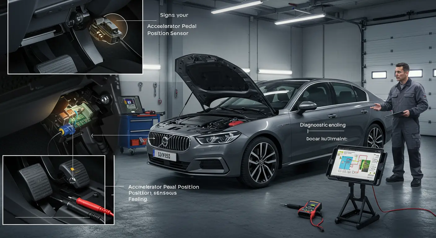 Fotografija prikazuje unutrašnjost automobila sa vozačevog sedišta, fokusirajući se na pedale za gas i kočnicu, uz istaknuti znak upozorenja na instrument tabli koji ukazuje na mogući problem sa senzorom položaja papučice gasa.