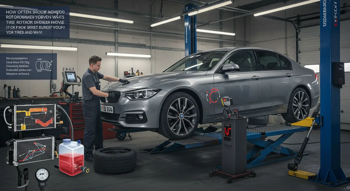 Ilustracija automobila na podizanju u automehaničarskoj radionici, gde mehaničar rotira gume kako bi se obezbedilo ravnomerno habanje i produžio vek trajanja guma.