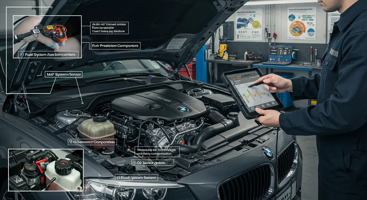 Ilustracija prikazuje automobil sa ikonama koje simbolizuju uobičajene uzroke loše potrošnje goriva, kao što su neispravan pritisak u gumama, loš sistem za sagorevanje i neodržavan motor.