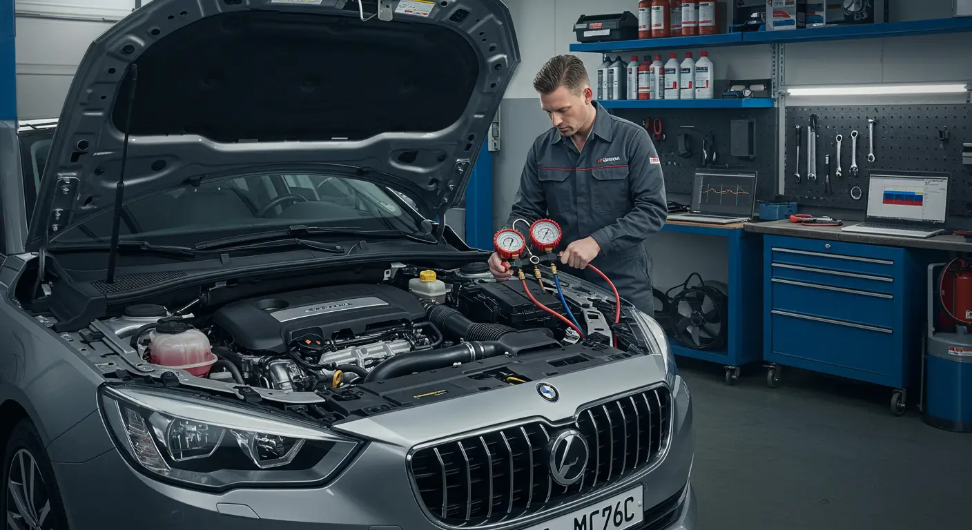 Ilustracija prikazuje automobil sa otvorenom haubom dok tehničar proverava nivo rashladnog sredstva u sistemu klima uređaja, što može uzrokovati smanjenu efikasnost hlađenja.