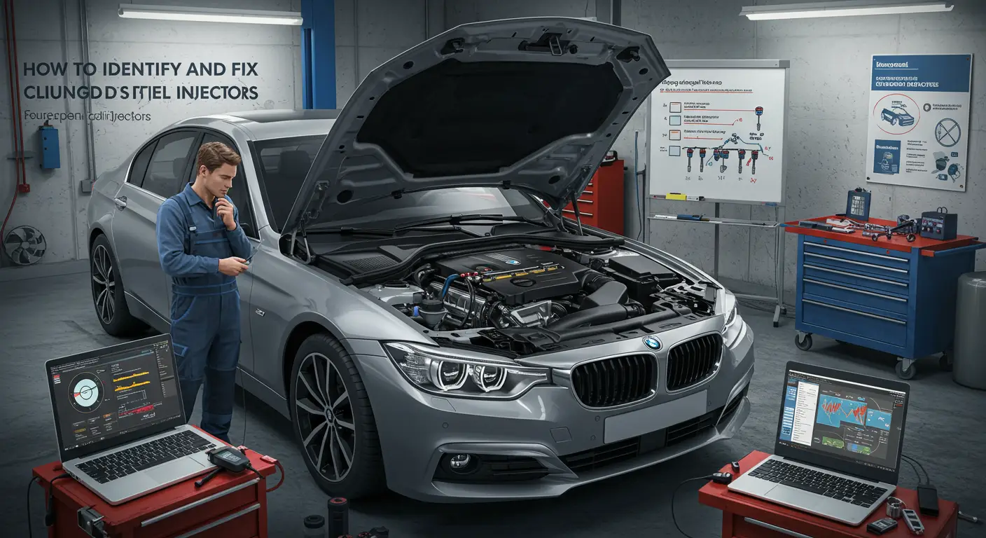 Ilustracija prikazuje mehaničara kako koristi dijagnostički alat za proveru i popravku začepljenih injektora goriva na automobilu, sa detaljima o ključnim koracima u procesu.
