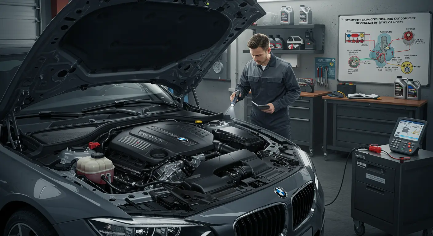 Ilustracija prikazuje motor automobila sa oznakama koje ističu moguće uzroke mešanja rashladne tečnosti i ulja, uključujući oštećenu brtvu glave, pukotinu u glavi cilindra ili kvar na hladnjaku ulja.