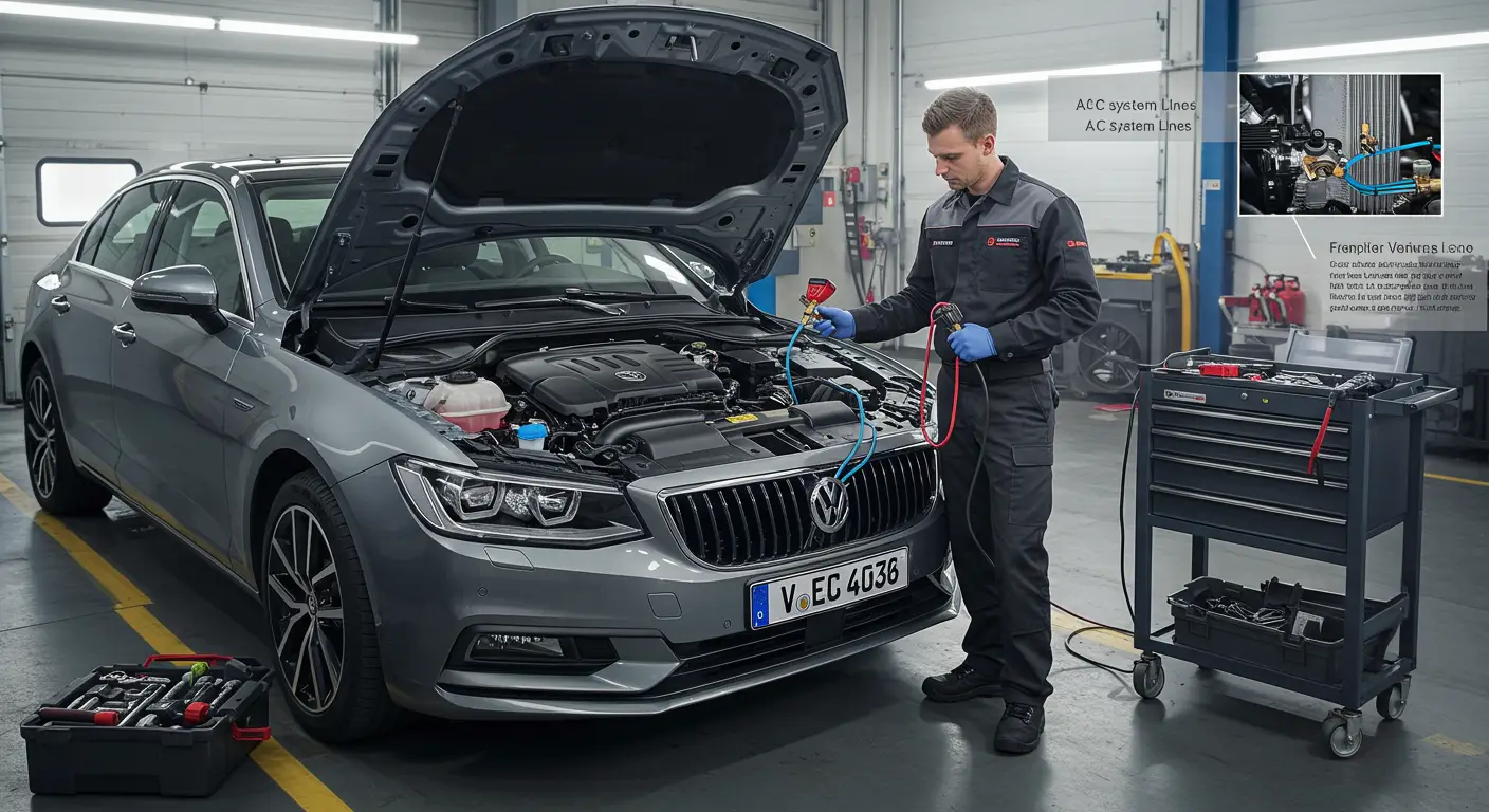 Ilustracija prikazuje osobu koja koristi manometar za proveru pritiska u sistemu za klimatizaciju automobila, uz dodatne alate i dijagrame za identifikaciju i otklanjanje zapušenih linija u A/C sistemu.