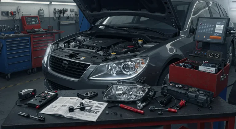 Popravka Xenon (HID) farova: Koraci za dijagnostiku, zamenu balasta i sijalica. Automobil stoji u garaži sa otvorenom haubom.