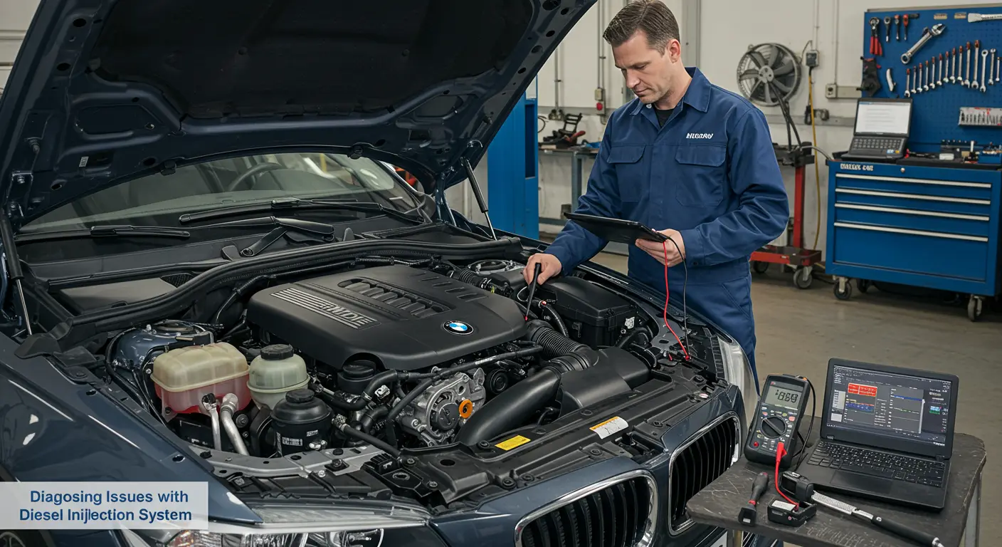 Mehaničar koristi dijagnostički uređaj za analizu problema sa sistemom ubrizgavanja goriva na dizel motoru automobila.