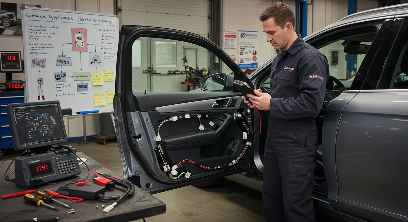 Na slici je prikazan automehaničar kako koristi dijagnostički alat za testiranje automatskog sistema zaključavanja na automobilu, dok pored stoji tabela sa simptomima i popravkama za probleme sa automatskim bravama.