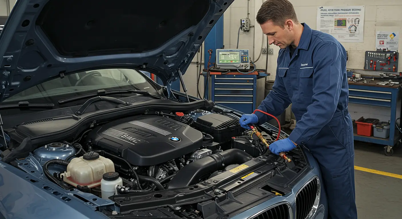 Na slici je prikazan mehaničar koji koristi manometar za testiranje pritiska u sistemu za gorivo automobila, sa ciljem identifikacije curenja i osiguravanja optimalnog rada motora.