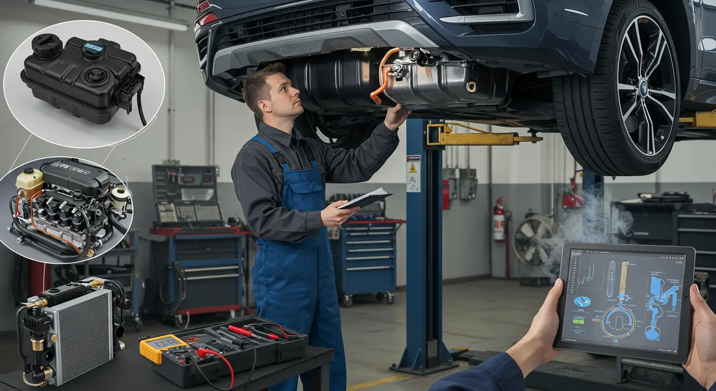 Na slici je prikazan motor automobila sa označenim delom sistema za ventilaciju rezervoara goriva, ilustrujući simptome i dijagnostiku neispravnog ventila za odzračivanje rezervoara.