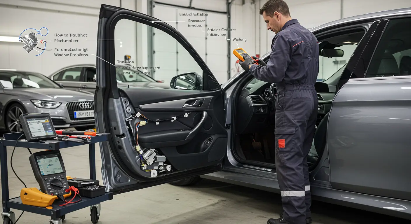 Na slici je prikazan tehničar koji koristi voltmetar za proveru električnih konekcija unutar vrata automobila kako bi dijagnostikovao problem sa automatskim prozorom.