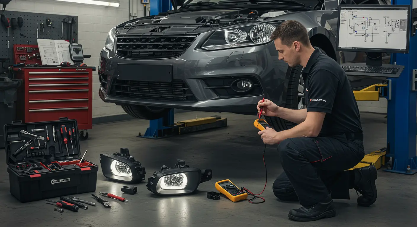 Na slici se nalazi automobil sa upaljenim farovima, a osoba pregledava prednje maglenke kako bi dijagnostikovala i popravila problem sa neispravnim svetlima za maglu.