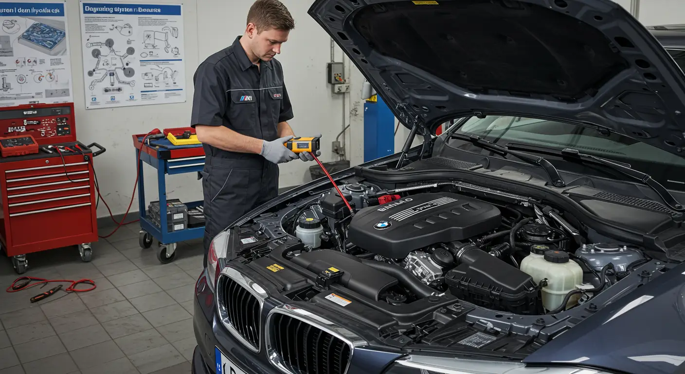 Na slici se prikazuje mehaničar koji koristi dijagnostički alat za proveru rashladnog sistema automobila kako bi identifikovao probleme koji utiču na performanse motora.