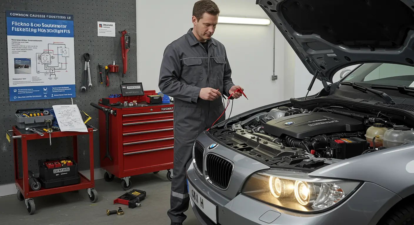 Na slici su prikazani farovi automobila koji trepere tokom vožnje noću, simbolizujući česte uzroke i rešenja za problem treperenja farova, kao što su loš akumulator, neispravni priključci ili problemi s alternatorom.