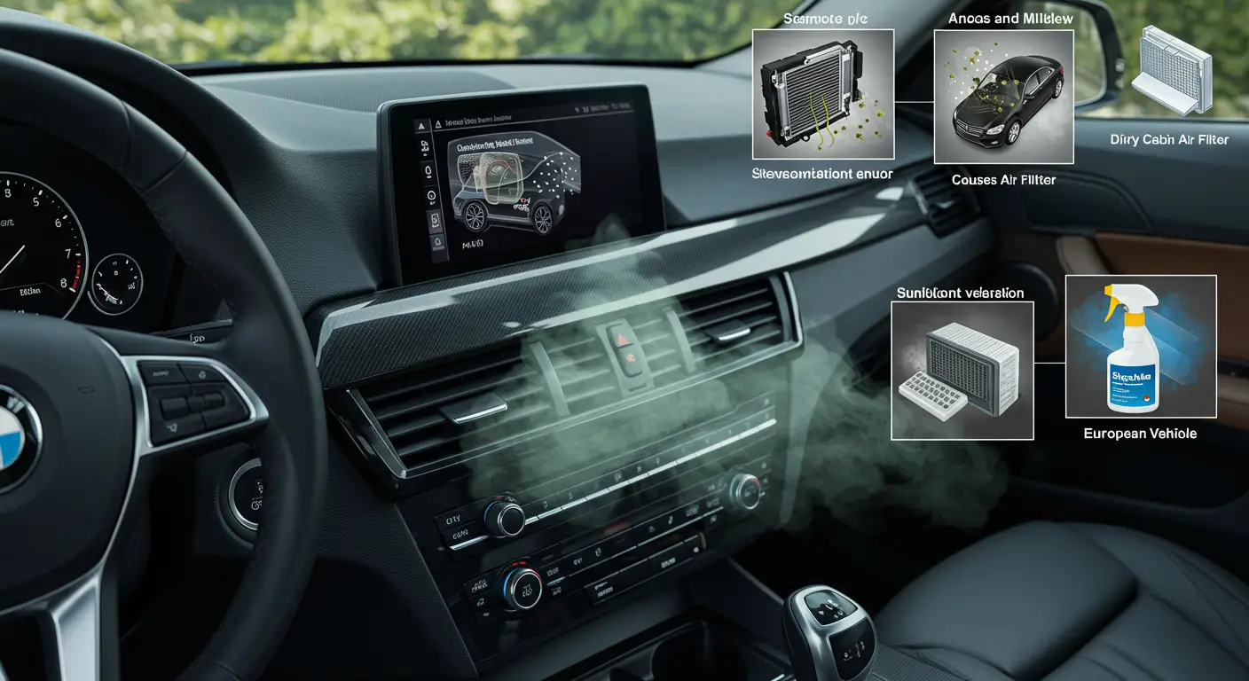 Neprijatni mirisi iz klima uređaja u automobilu mogu biti uzrokovani buđi ili bakterijama u sistemu, a mogu se eliminisati čišćenjem i dezinfekcijom ventilacionog sistema i korišćenjem dezodoransa specijalno dizajniranih za automobile.