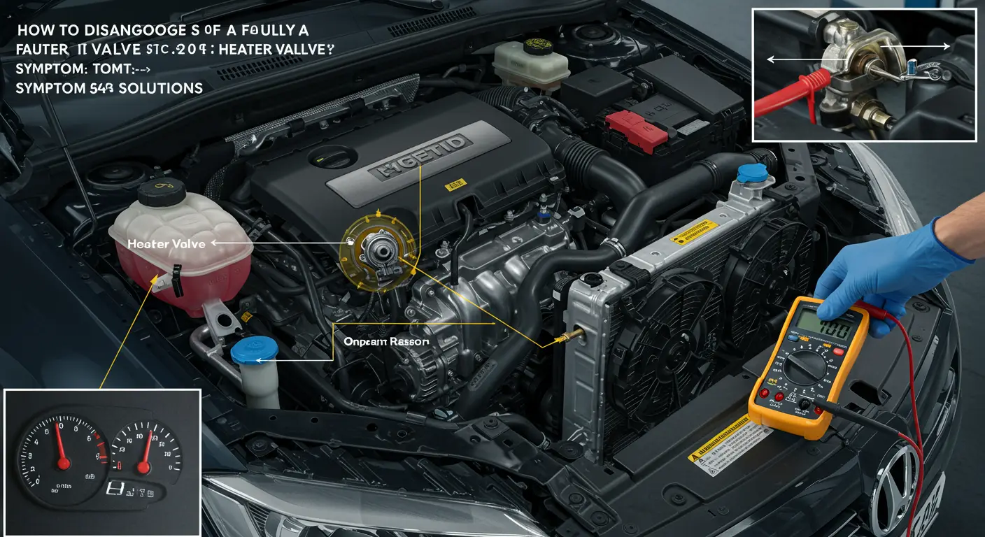 Prikaz automobila sa otvorenom haubom, gde se mehaničar fokusira na dijagnostiku grešaka na ventilu grejanja, uz korišćenje alata i dijagnostičkog uređaja.
