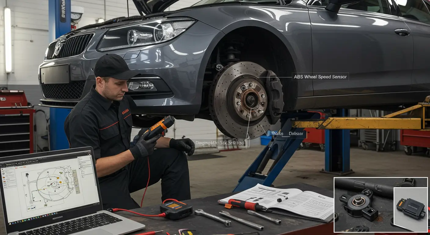 Prikaz automobila u garaži sa otvorenim poklopcem motora, dok mehaničar koristi dijagnostički alat za proveru senzora brzine točka ABS sistema.