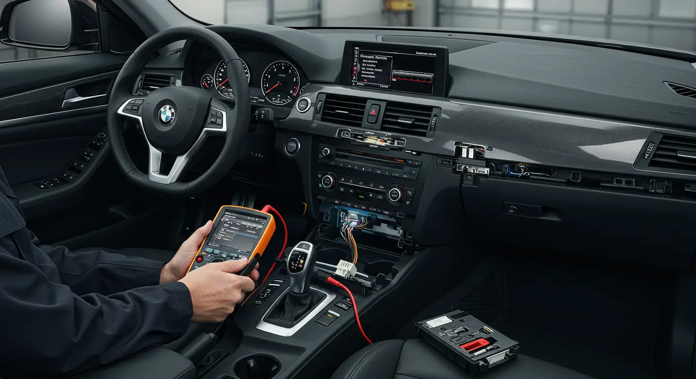 Prikaz ruku automehaničara kako sa preciznim alatima otvara kontrolnu tablu automobila da bi dijagnostikovao i popravio neispravan sat u vozilu.