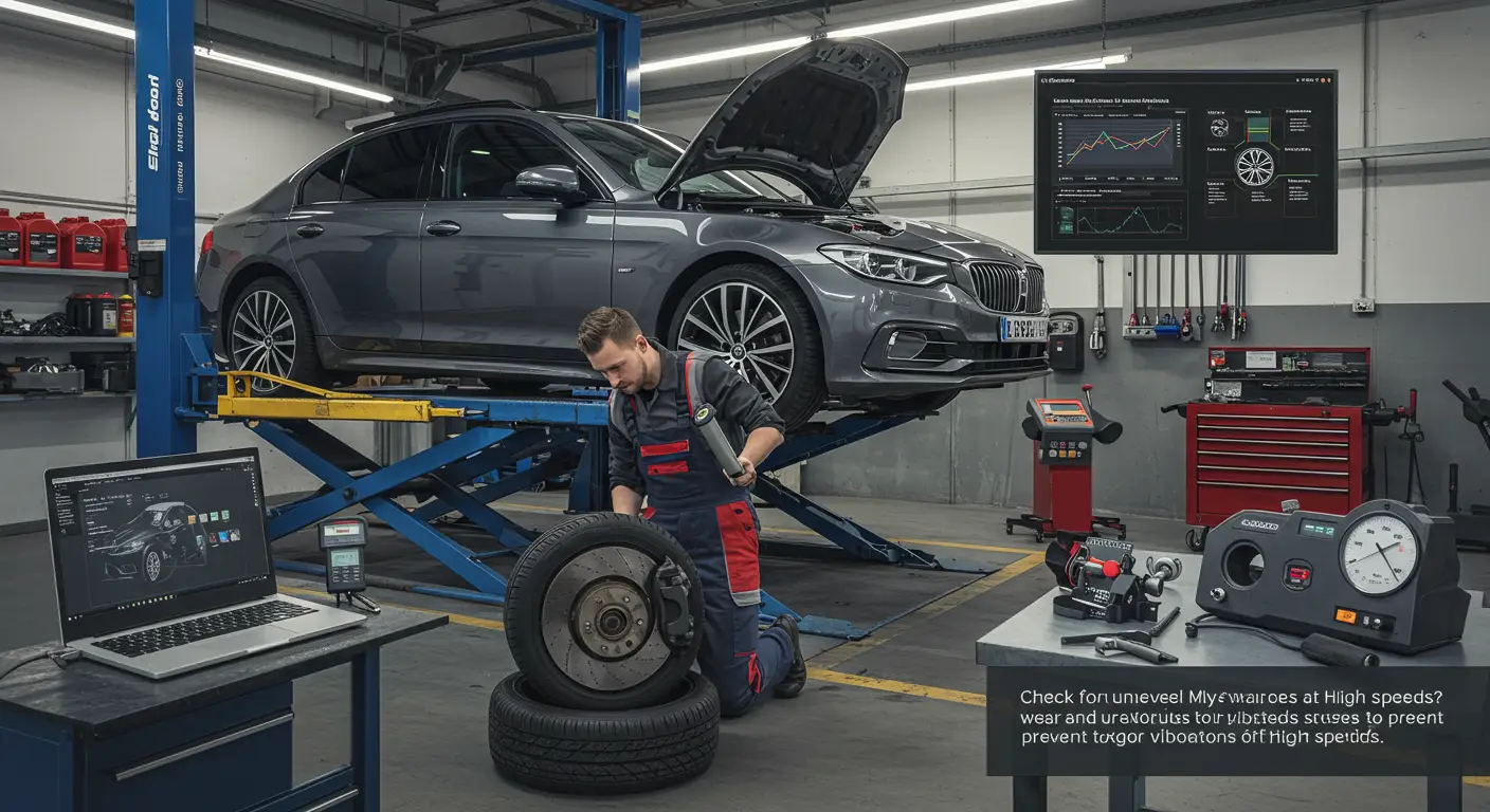 Slika automobila koji se vozi velikom brzinom na autoputu, dok se prednji desni točak jasno prikazuje u prvom planu kao potencijalni izvor vibracija zbog problema sa pneumaticima ili balansiranjem točkova.