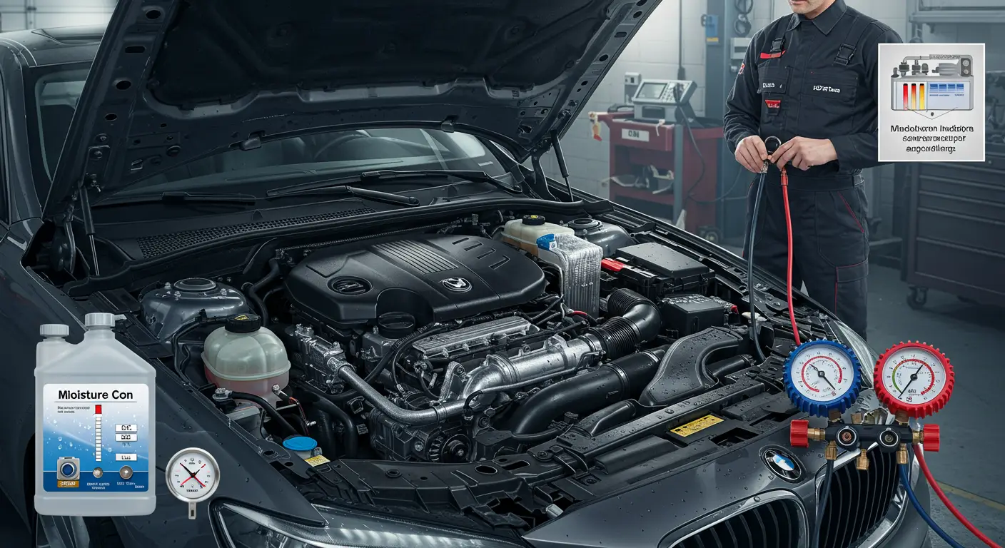 Slika prikazuje auto-mehaničara kako proverava sistem klimatizacije automobila zbog simptoma vlage, uključujući zamagljene prozore i slab protok hladnog vazduha.