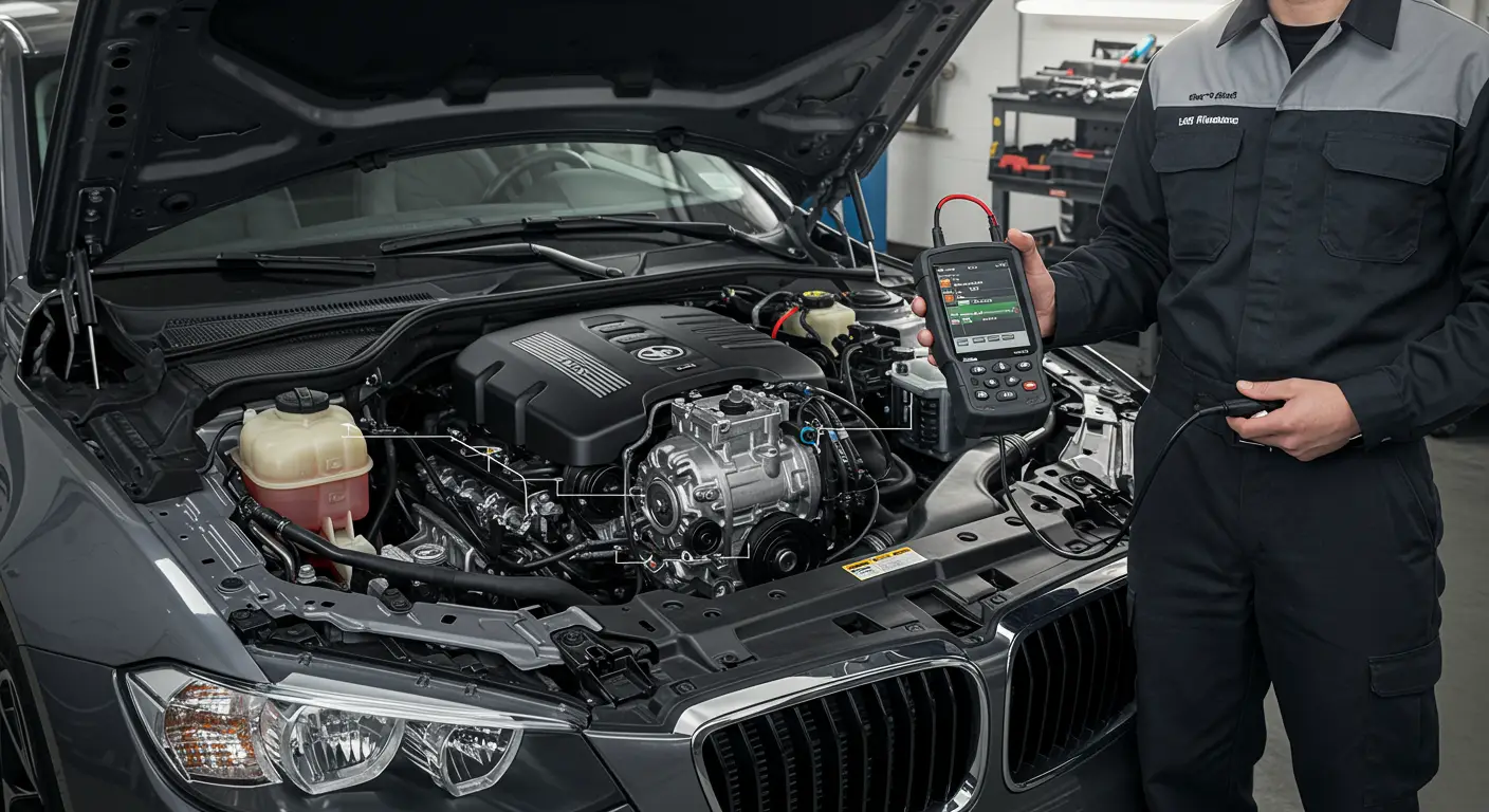 Slika prikazuje automehaničara kako koristi stetoskop za dijagnostiku bučnog A/C kompresora u automobilu, fokusirajući se na moguće uzroke i rešenja problema.