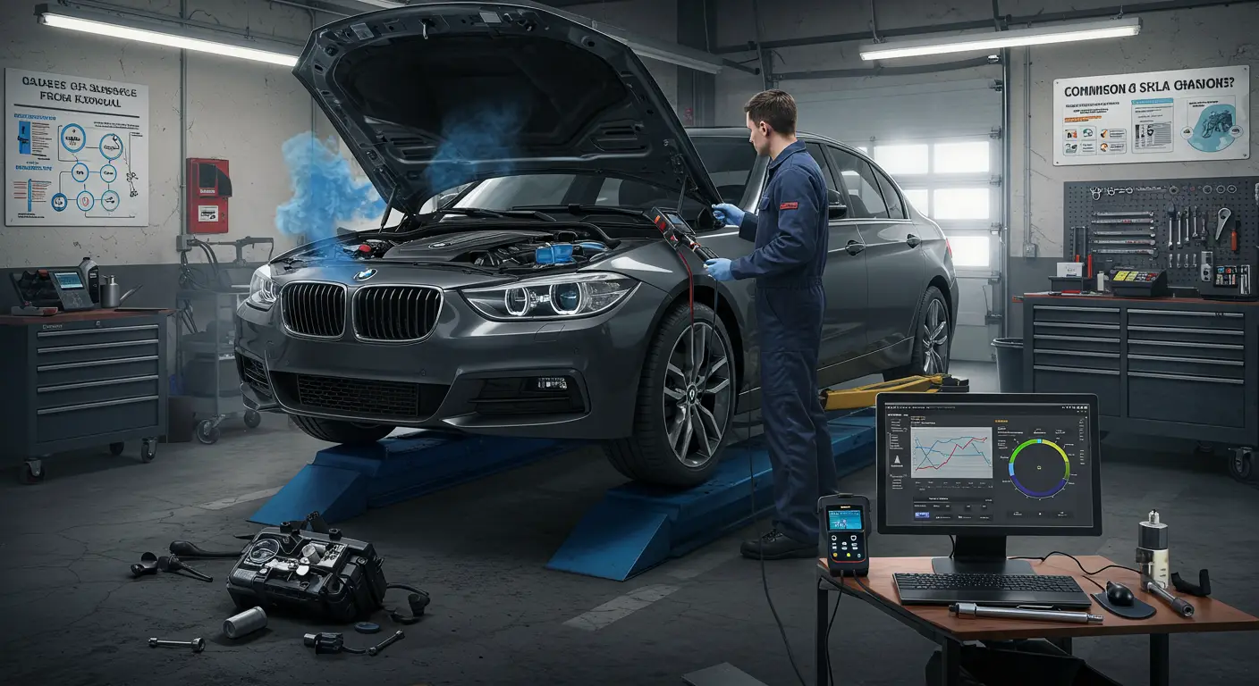 Slika prikazuje automobil iz čijeg auspuha izlazi plavi dim, što može ukazivati na probleme kao što su sagorevanje ulja, istrošeni zaptivači ventila ili problemi s klipnim prstenovima, uz tekstualne oznake dijagnoze i mogućih rešenja problema.