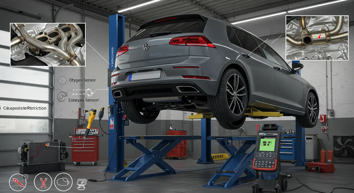 Slika prikazuje automobil na dijagnostičkoj platformi, dok mehaničar pregledava izduvni sistem zbog simptoma kao što su smanjena snaga motora, nepravilan rad motora i povećana potrošnja goriva.
