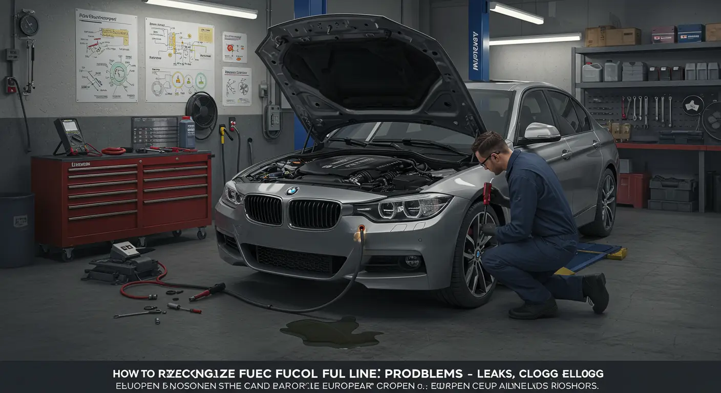 Slika prikazuje automobil na podizaču u automehaničarskoj radionici, dok mehaničar pregledava i popravlja problematične vodove za gorivo kako bi utvrdio curenje ili zapušenje.