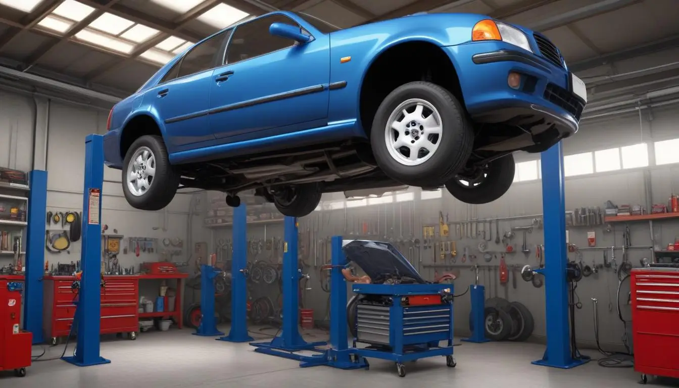 Slika prikazuje automobil na podiznoj platformi u auto-servisu. Mehaničar pregledava sistem upravljanja, fokusirajući se na upravljački zubčanik. Oko njega su alati i dijagnostička oprema.