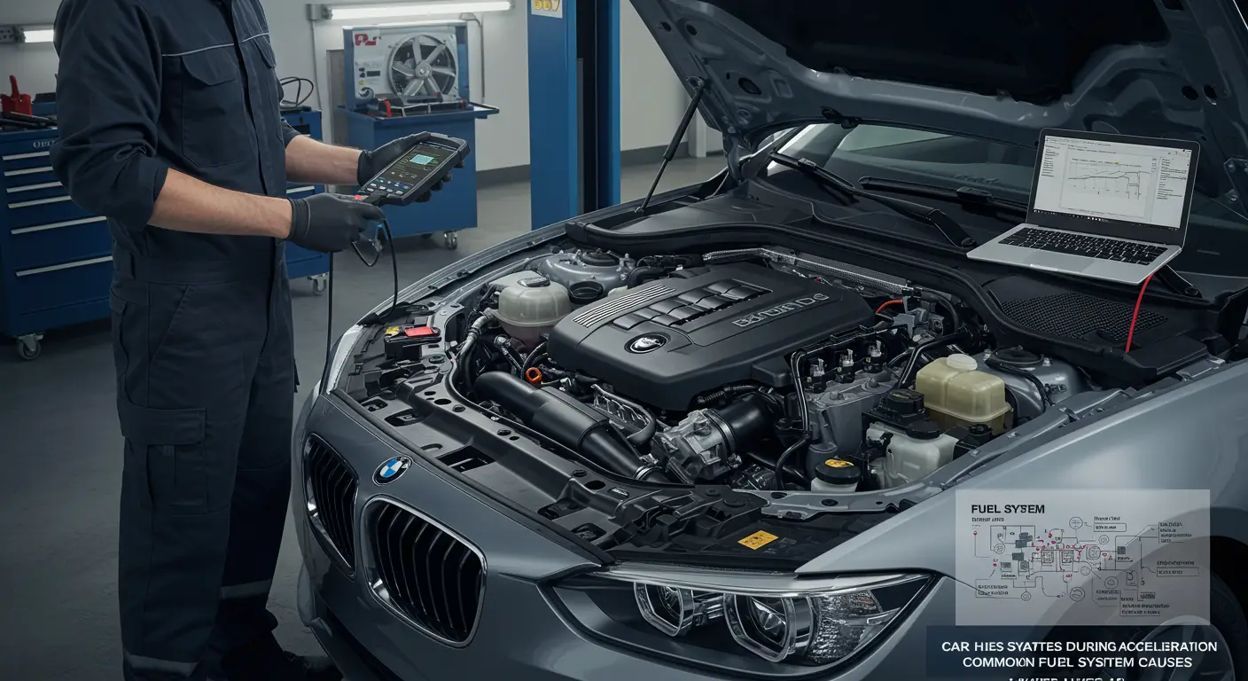 Slika prikazuje automobil na putu sa otvorenom haubom, dok vozač proverava delove sistema za gorivo kako bi identifikovao uzrok oklevanja automobila pri ubrzanju.