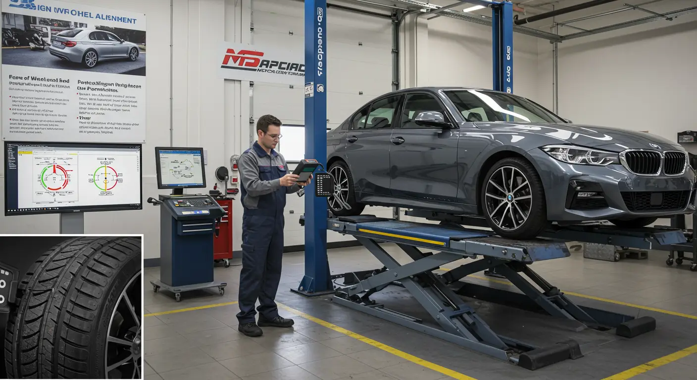 Slika prikazuje automobil na putu sa povučenom linijom koja ukazuje na znakove lošeg poravnanja točkova, kao što su neujednačeno habanje guma i povlačenje vozila u stranu.