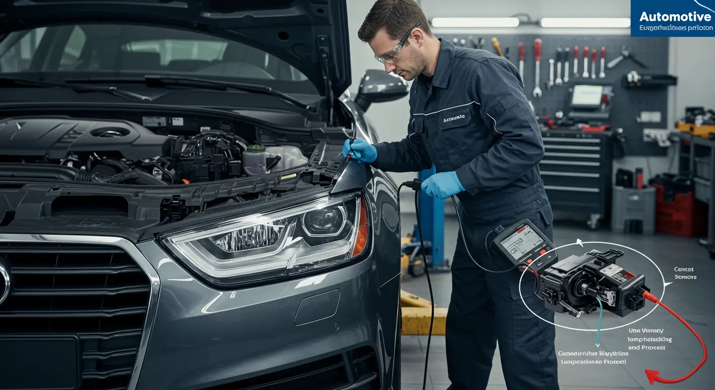 Slika prikazuje automobil parkiran na mračnom prilazu sa uključenim prednjim svetlima, dok vozač pokušava da dijagnostikuje problem automatskih svetala koristeći priručnik i alat.