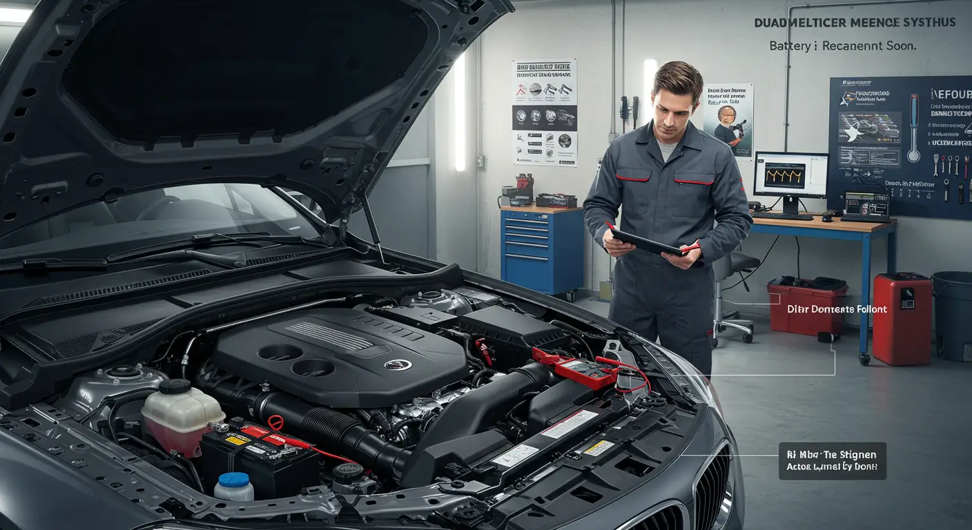 Slika prikazuje automobil parkiran pored puta sa podignutom haubom i vozačem koji drži multimetar kako meri napon akumulatora, što ukazuje na probleme sa baterijom i potrebu za njenom zamenom.