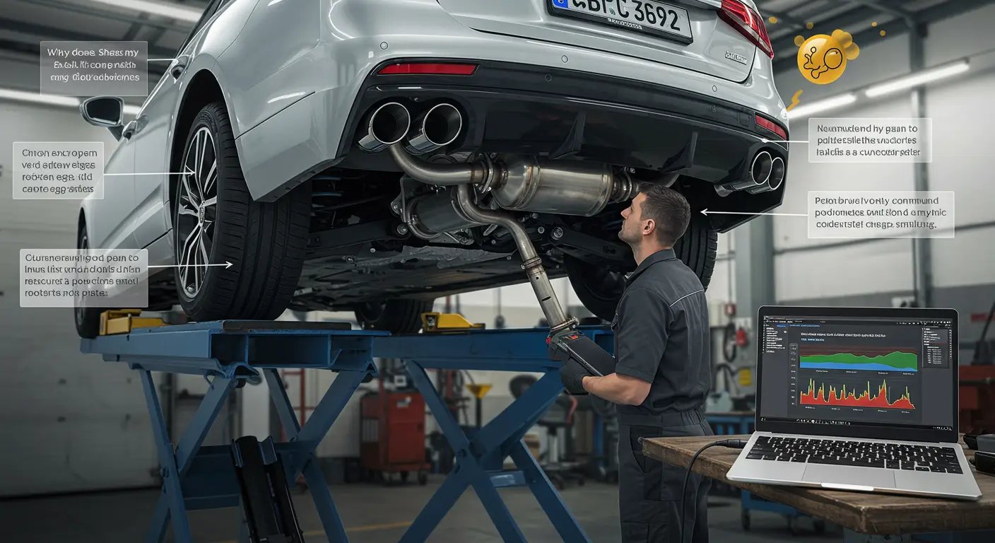 Slika prikazuje automobil parkiran u garaži, dok vozač stoji pored njega sa zabrinutim izrazom lica, držeći nos zbog neprijatnog mirisa izduvnih gasova koji podsećaju na pokvarena jaja.