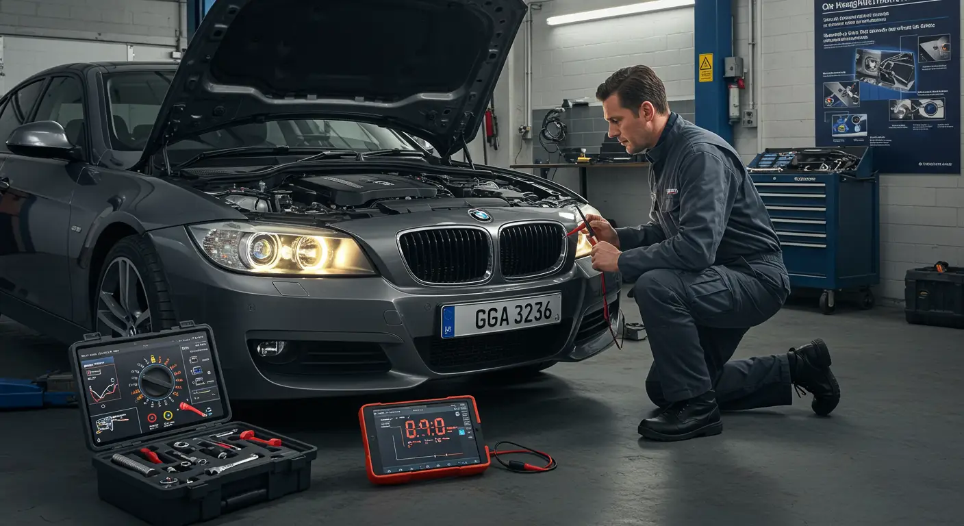 Slika prikazuje automobil parkiran u sumrak sa desnim farom koji svetli jače od levog, ilustrujući problem neujednačene osvetljenosti farova.