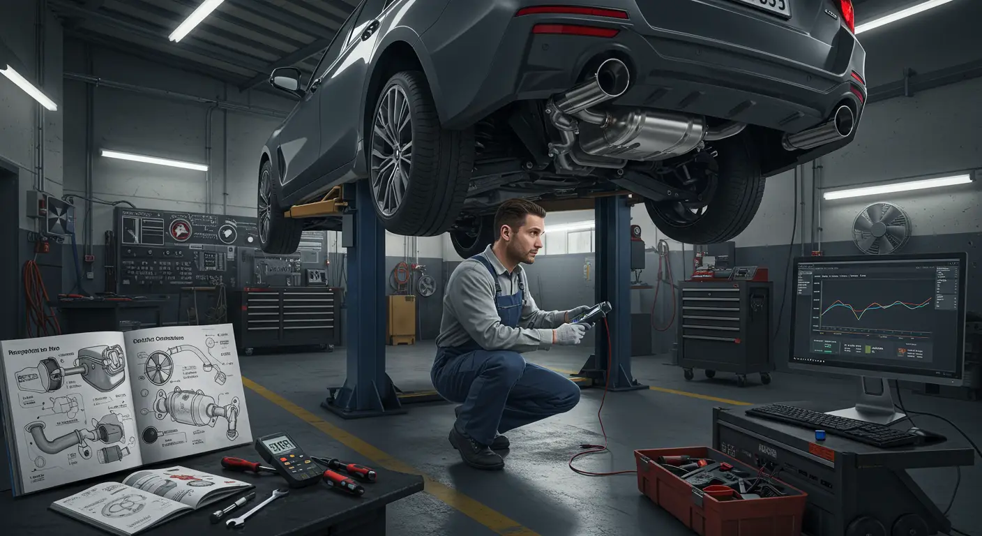 Slika prikazuje automobil podignut na dizalici sa automehaničarem koji pregledava katalitički konverter, ilustrujući simptome i popravku neispravnog katalitičkog konvertera.