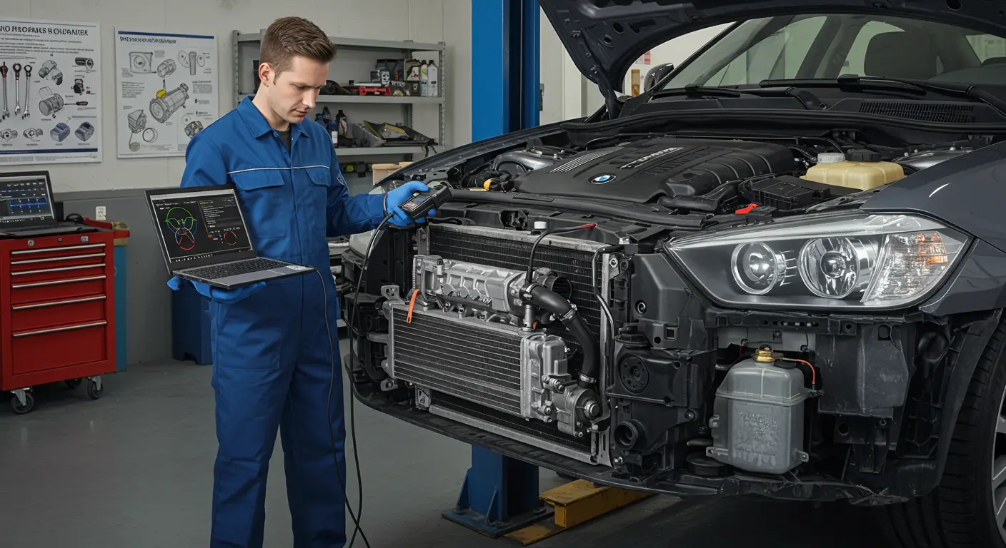 Slika prikazuje automobil podignut na dizalici u autoservisu, dok mehaničar proverava transmisiju i hladnjak ulja, ilustrujući temu znakova kvara hladnjaka ulja transmisije i moguća rešenja.
