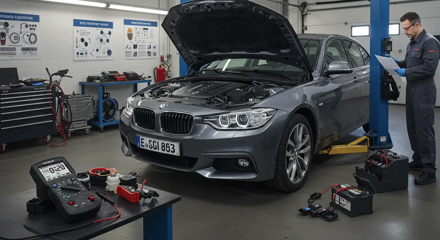 Slika prikazuje automobil s upaljenim jednim farom, dok je drugi ugašen, što ilustruje problem sa neispravnim farovima; u pozadini se vide alati za dijagnostiku i popravku svetlosnog sistema.