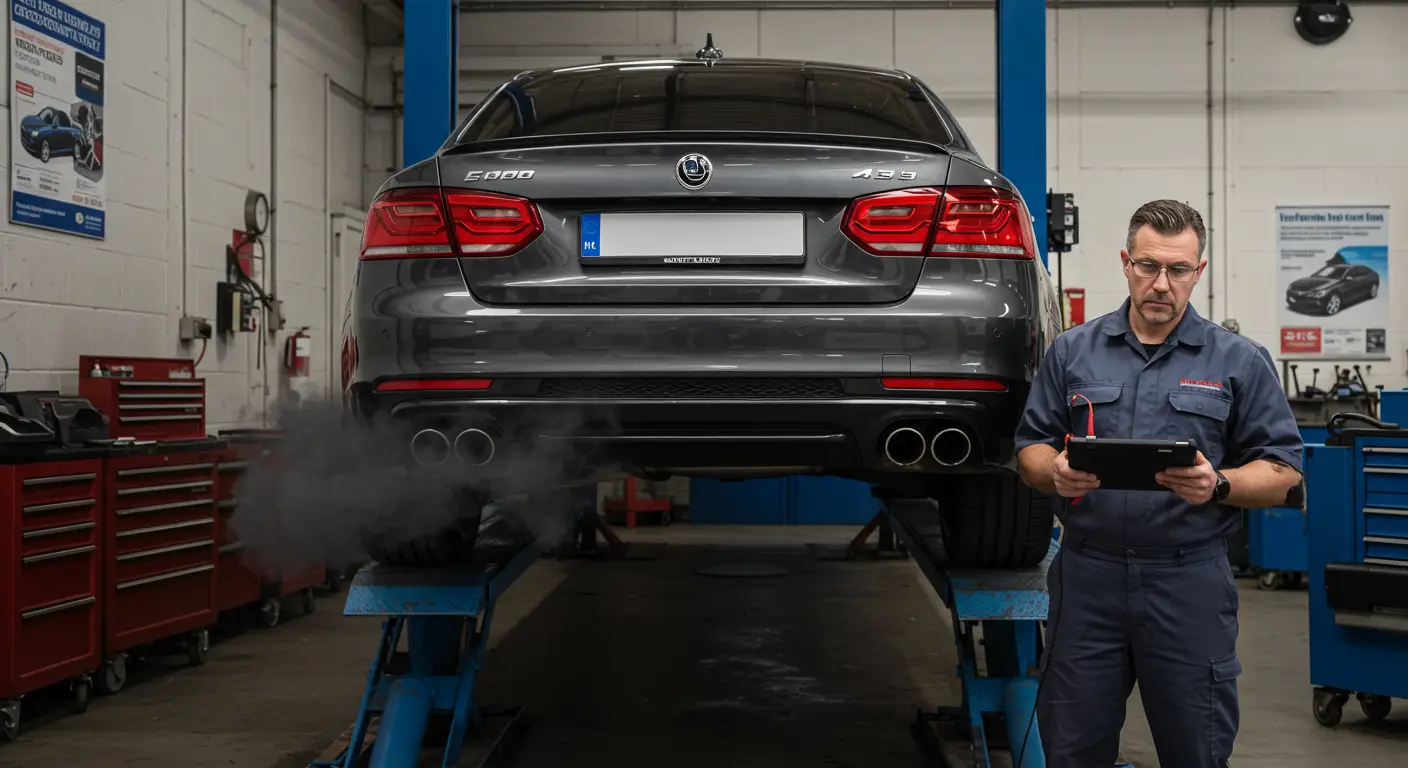 Slika prikazuje automobil sa crnim dimom koji izlazi iz auspuha, što može ukazivati na probleme poput lošeg sagorevanja goriva, zapušenog filtera vazduha ili problema sa ubrizgavanjem goriva.