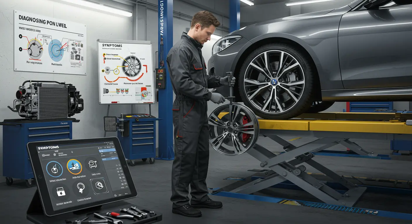 Slika prikazuje automobil sa fokusom na aluminijumske felne, ilustrujući uobičajene probleme poput ogrebotina, udubljenja ili korozije, zajedno sa alatima za popravku kao što su ključevi, četke i proizvodi za čišćenje.