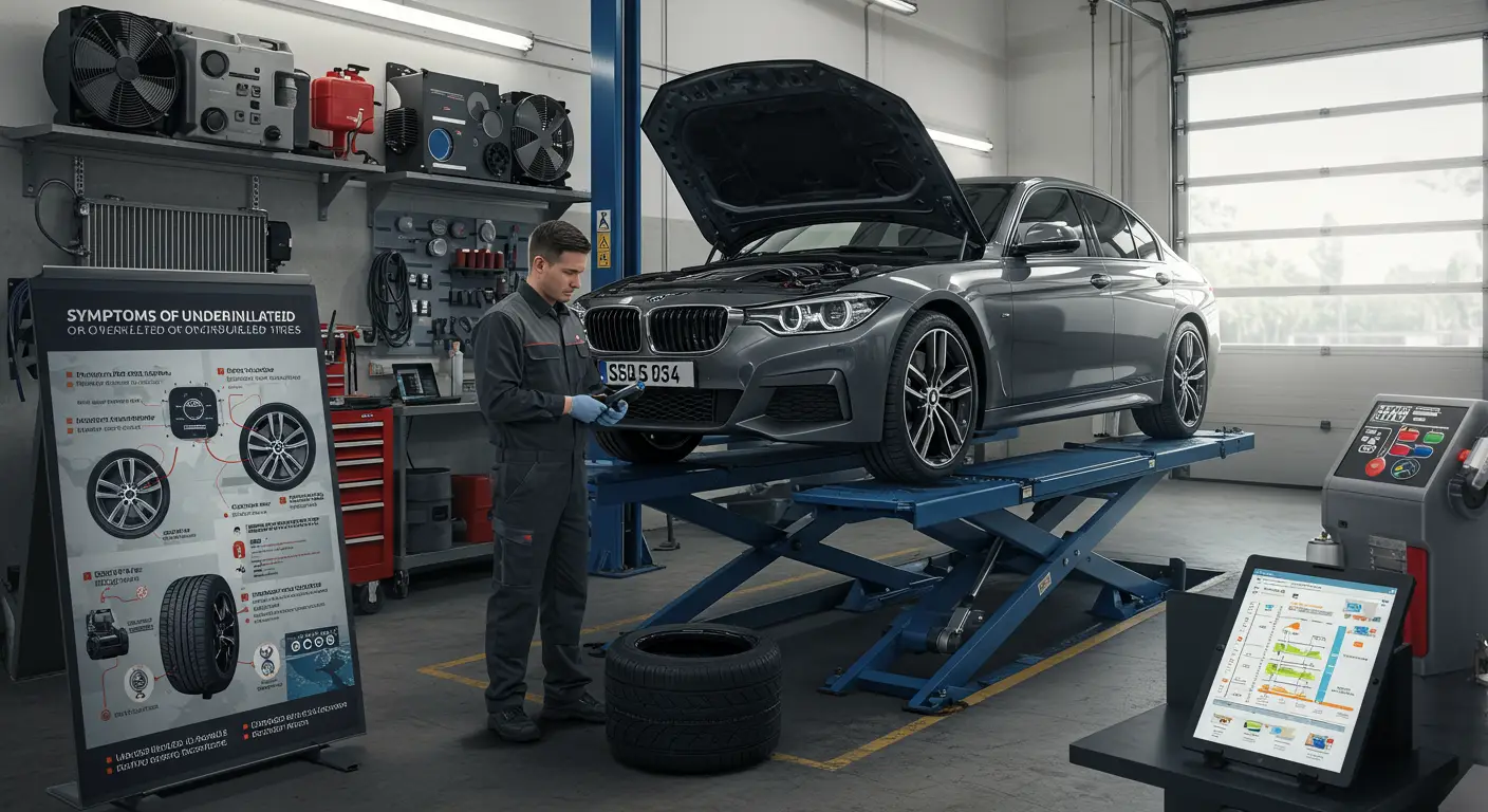 Slika prikazuje automobil sa gumama koje su previše napumpane ili nedovoljno napumpane, sa fokusom na izobličenja i trošenje koje može negativno uticati na bezbednost i performanse vozila.