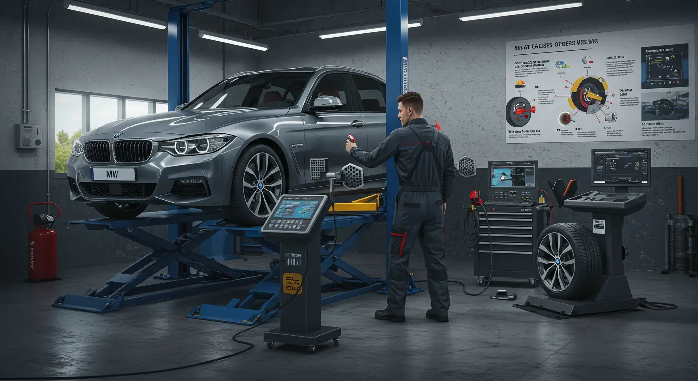 Slika prikazuje automobil sa neravnomerno istrošenim gumama, što može biti posledica nepravilnog pritiska u gumama, neusklađenog trapa ili preopterećenja vozila, dok se u pozadini vidi mehaničar kako proverava pritisak u gumama.