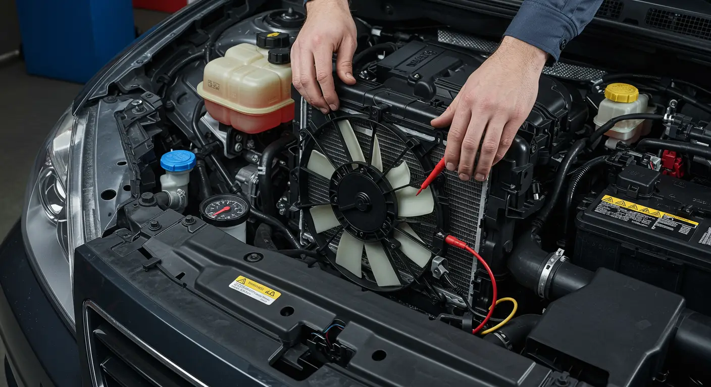 Slika prikazuje automobil sa otvorenim poklopcem motora, fokusirajući se na ventilator hladnjaka koji ne radi, uz prikaz potencijalnih simptoma kao što su pregrevanje motora i curenje rashladne tečnosti.