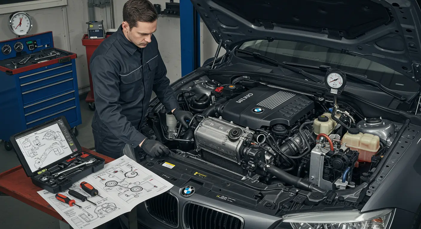 Slika prikazuje automobil sa otvorenom haubom dok mehaničar proverava hladnjak ulja, sa slikom oštećenog hladnjaka ulja sa curenjem ulja pored.