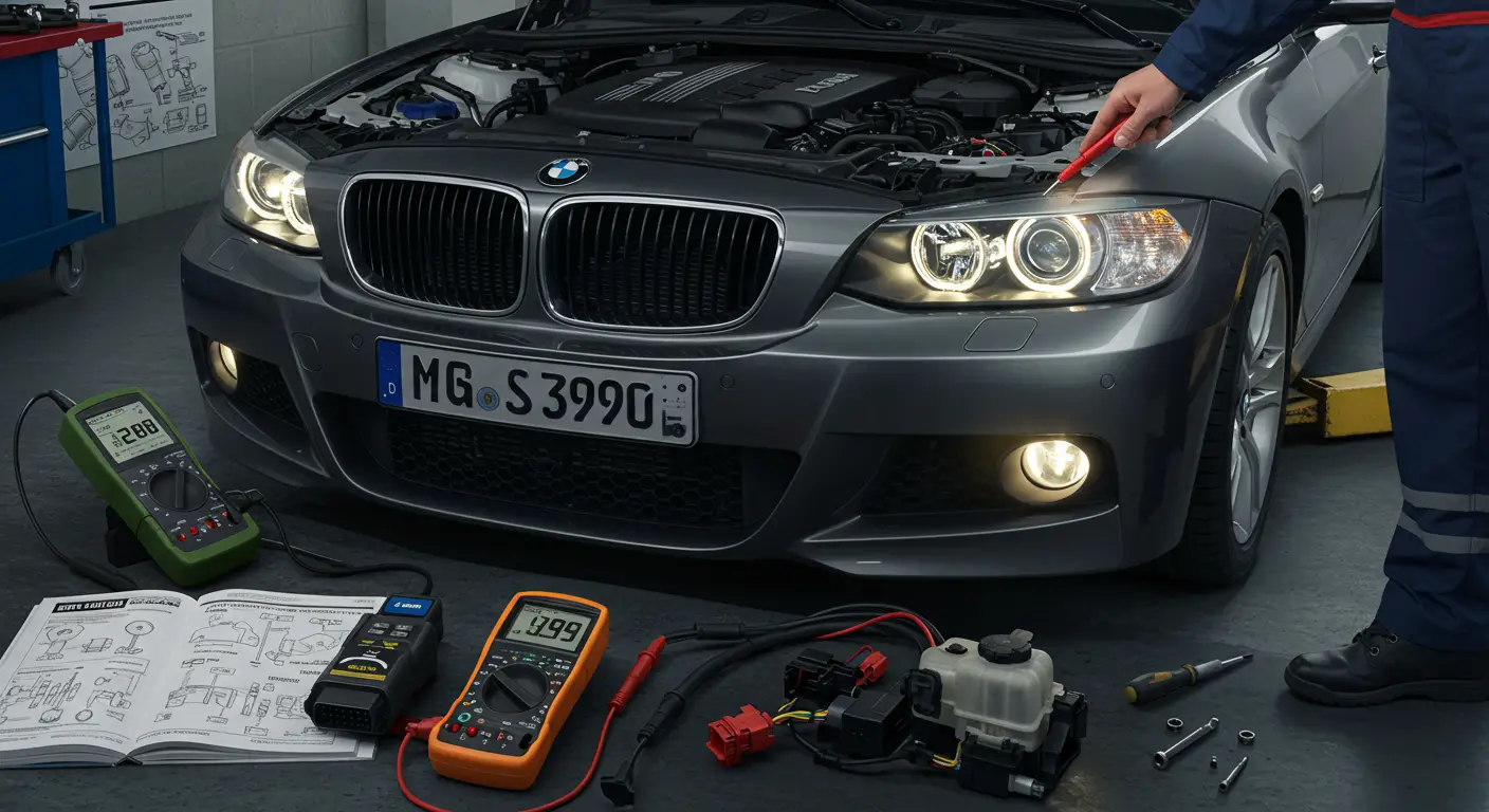 Slika prikazuje automobil sa otvorenom haubom dok mehaničar proverava instalaciju i sijalice maglenki kako bi dijagnostikovao problem sa neispravnim svetlima za maglu.