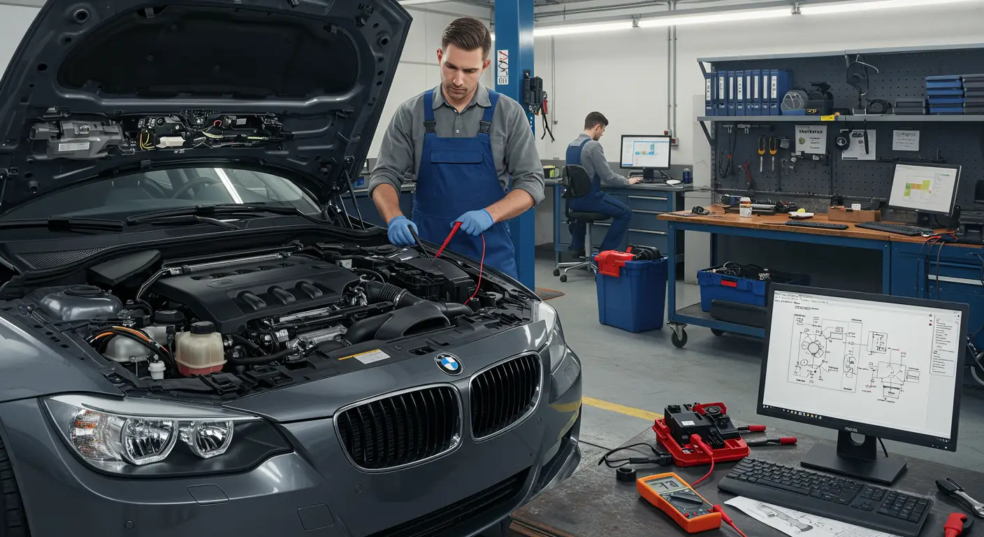 Slika prikazuje automobil sa otvorenom haubom, dok tehničar koristi multimetar za dijagnostikovanje problema sa dnevnim svetlima.