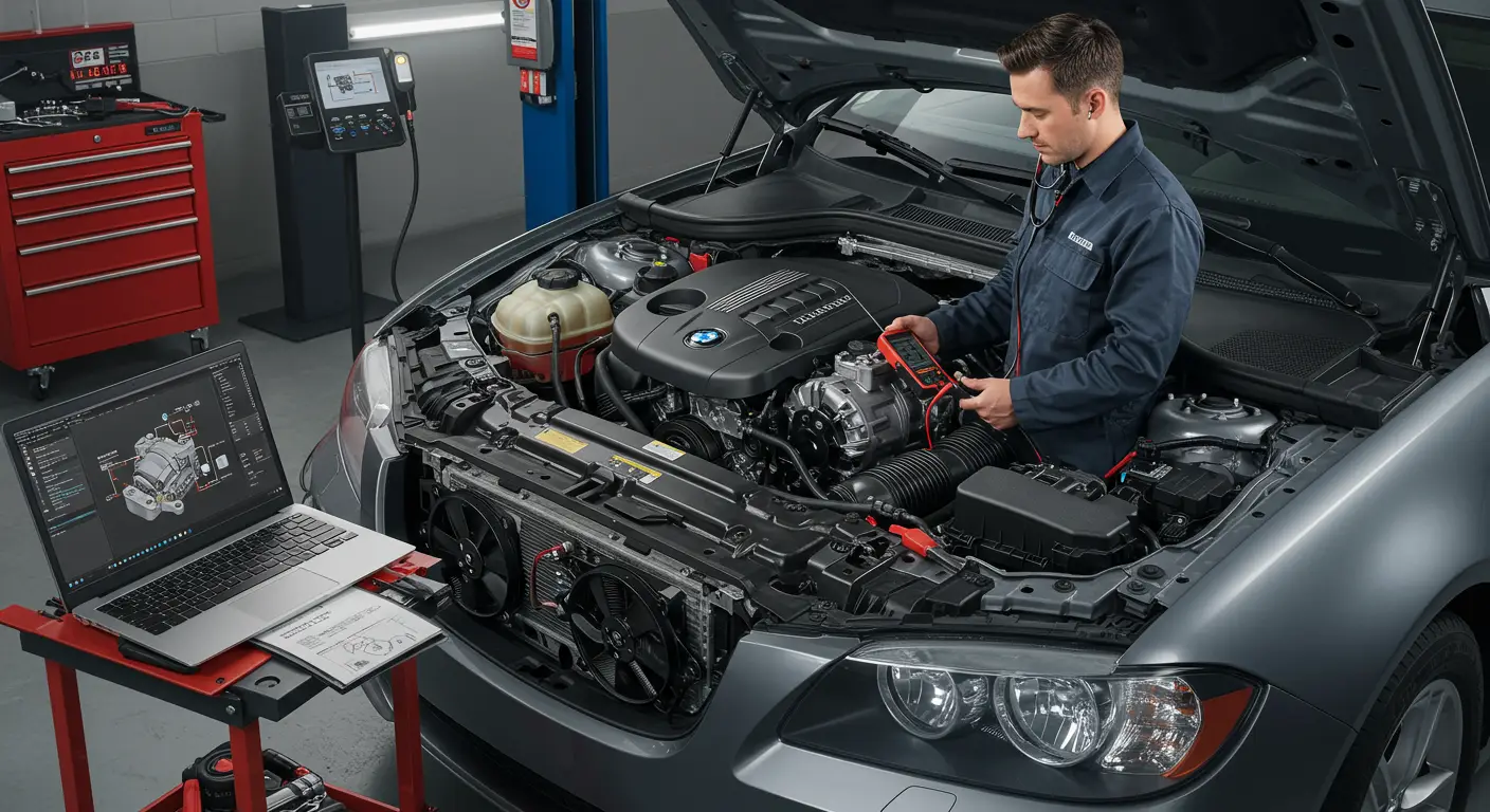 Slika prikazuje automobil sa otvorenom haubom, dok tehničar pomoću dijagnostičke opreme proverava kompresor klima uređaja kako bi utvrdio uzrok buke ili kvarova.