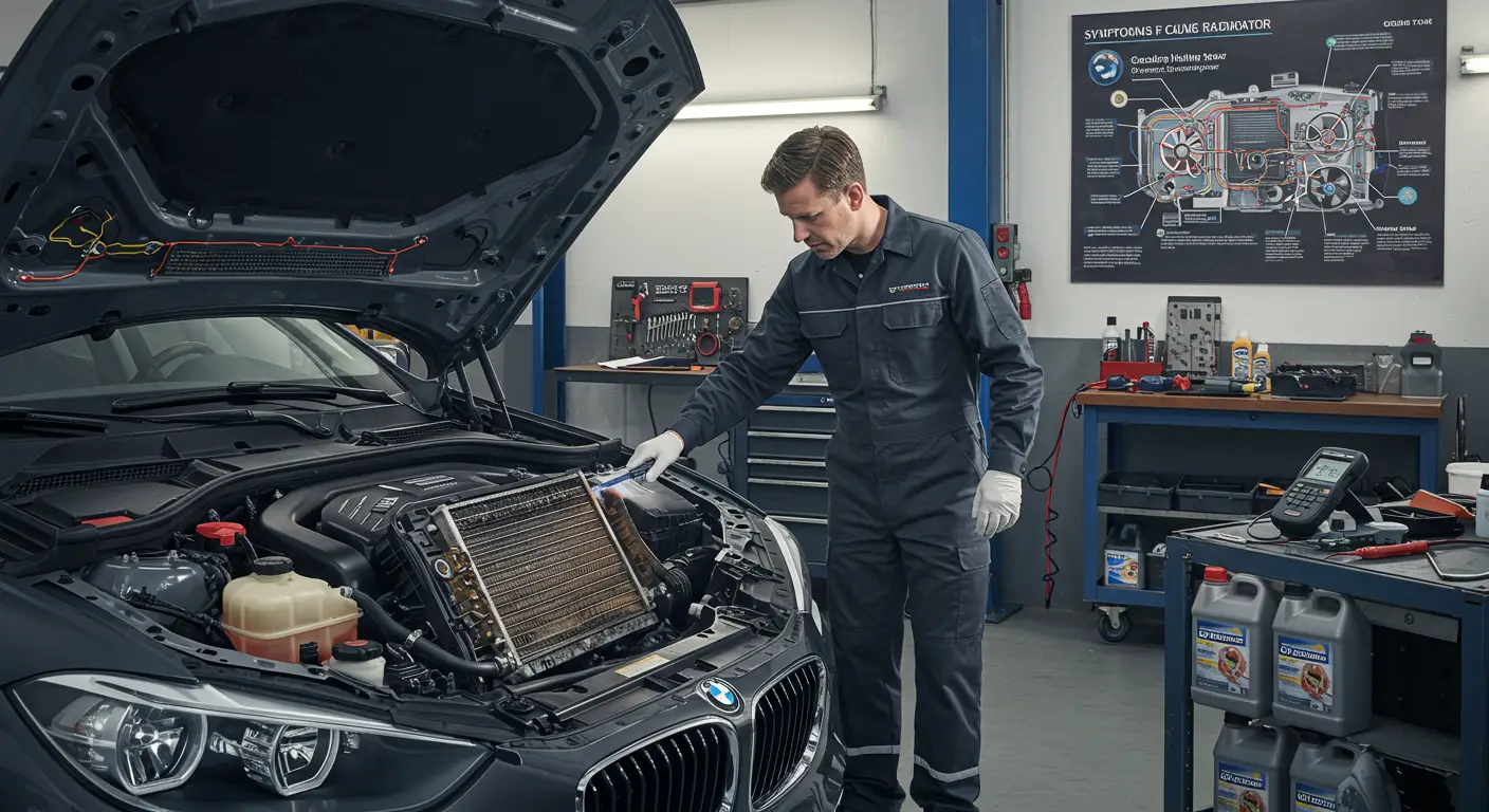 Slika prikazuje automobil sa otvorenom haubom, naglašavajući komponente sistema za hlađenje, uz tekst o simptomima zapušenog radijatora i uputstvima kako ga očistiti i popraviti.