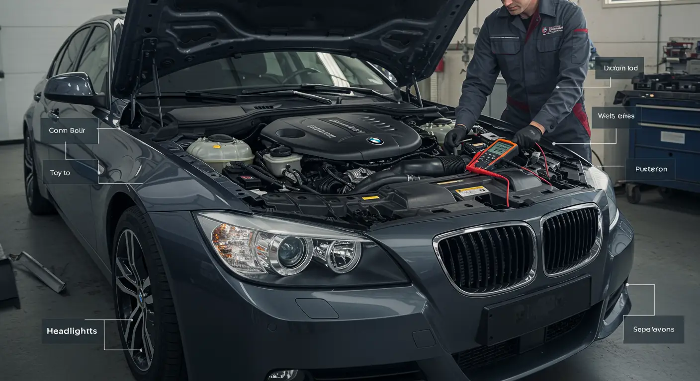 Slika prikazuje automobil sa prednjim svetlima koja ne rade, dok osoba u reflektivnom prsluku pregledava sistem osvetljenja kako bi dijagnostikovala i rešila problem.