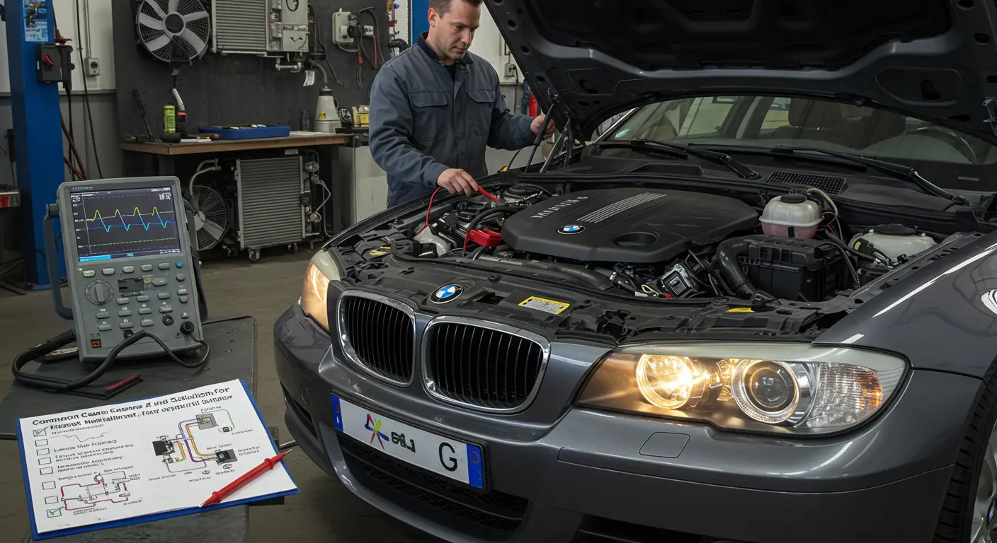 Slika prikazuje automobil sa upaljenim farovima koji trepere, dok mehaničar drži alat i pregleda električni sistem vozila kako bi identifikovao uzrok problema.