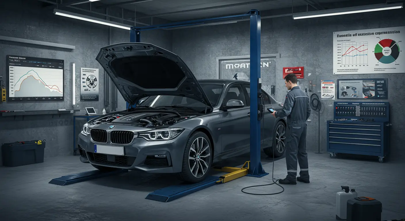 Slika prikazuje automobil sa vidljivim dimom koji izlazi iz auspuha, što simbolizuje problem prekomernih emisija ugljenika; u pozadini su alati i dijagnostička oprema koja se koristi za identifikaciju uzroka i rešenja.